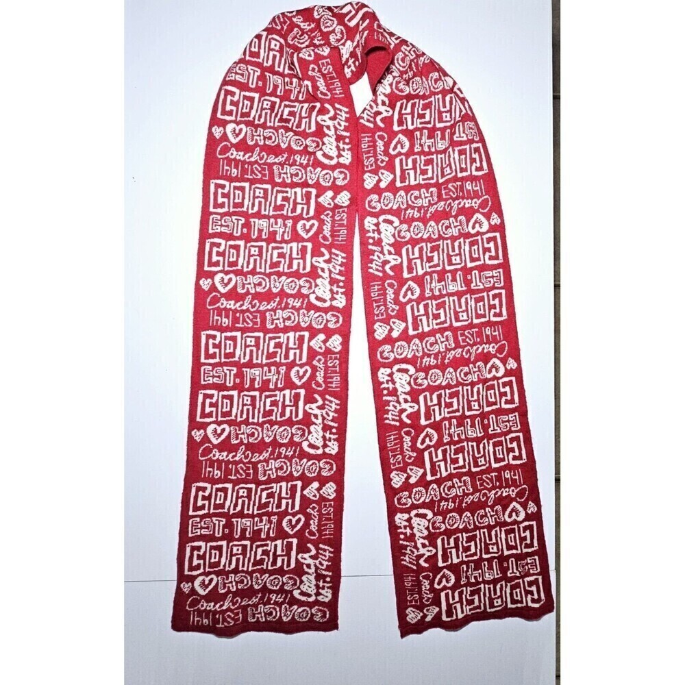 COACH Red White Poppy Graffiti Muffler 7 x 64" Scarf  Wool Blend RARE
